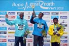 From left to right: 2nd Mo Farah, winner Kenenisa Bekele and 3rd Haile Gebrselassie lin the BUPA Great North Run.